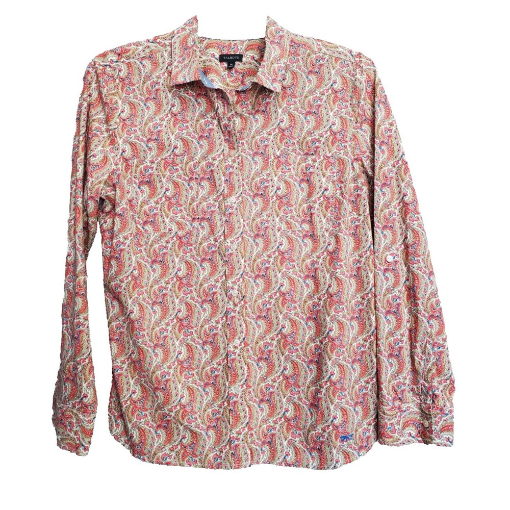 Talbots Cotton Tan & Orange Paisley Roll-Tab Sleeve Button-Up Shirt Size 14
